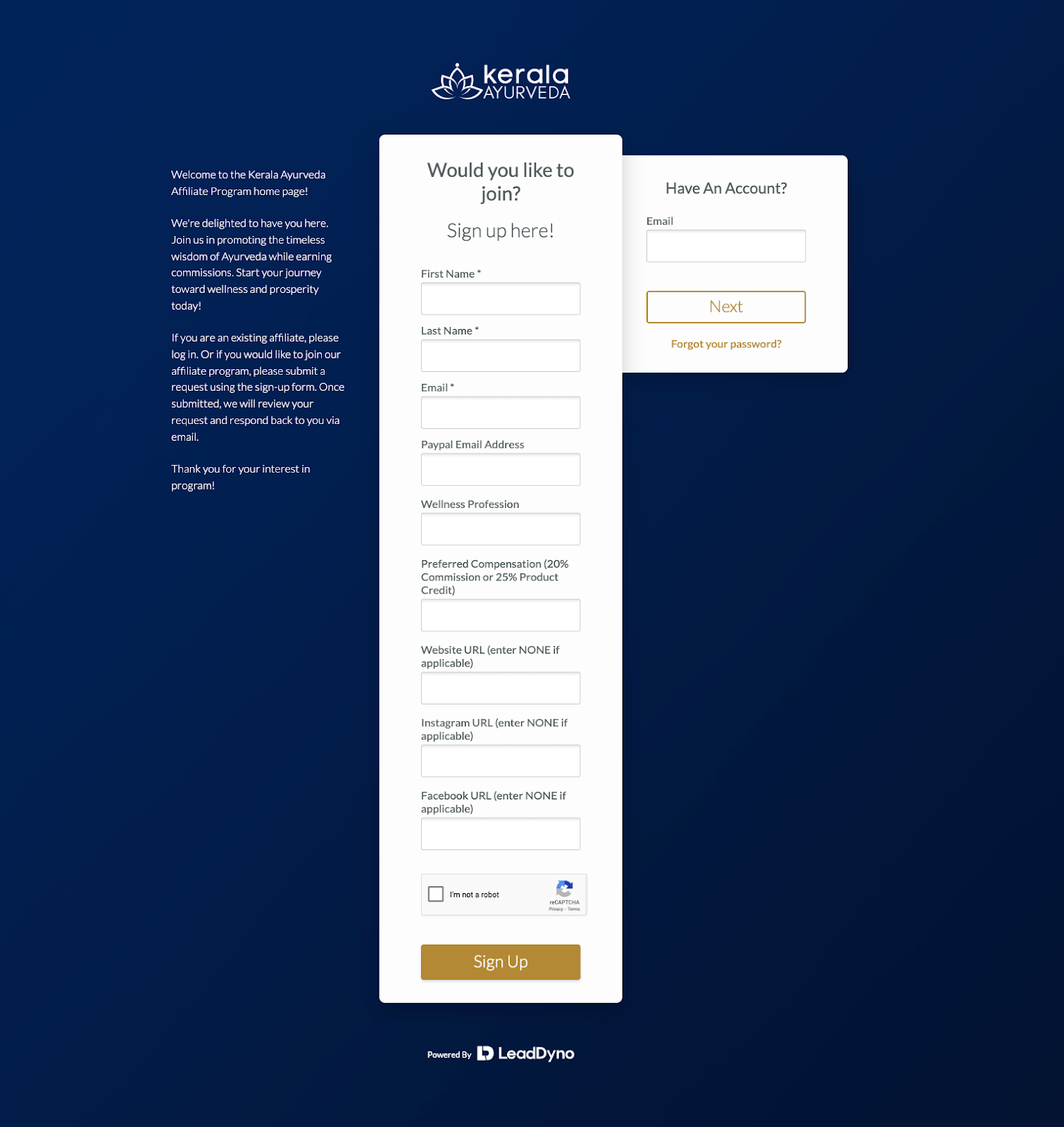 LeadDyno sign up page example: Kerala Ayurveda