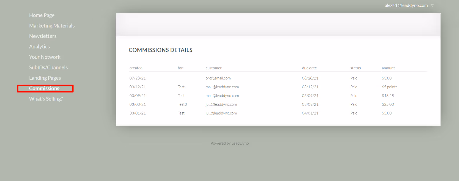 Commissions Details from a LeadDyno Affiliate Dashboard