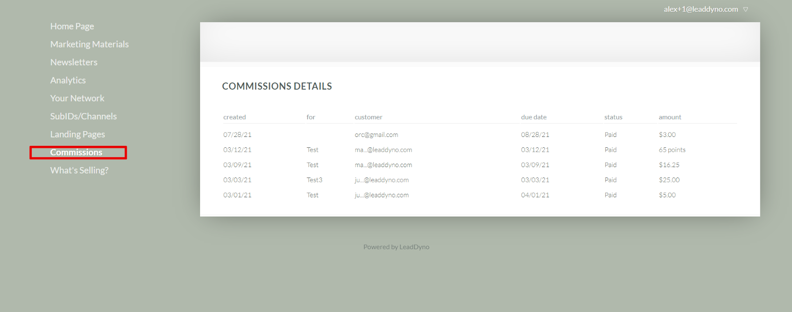 Commissions Details from a LeadDyno Affiliate Dashboard