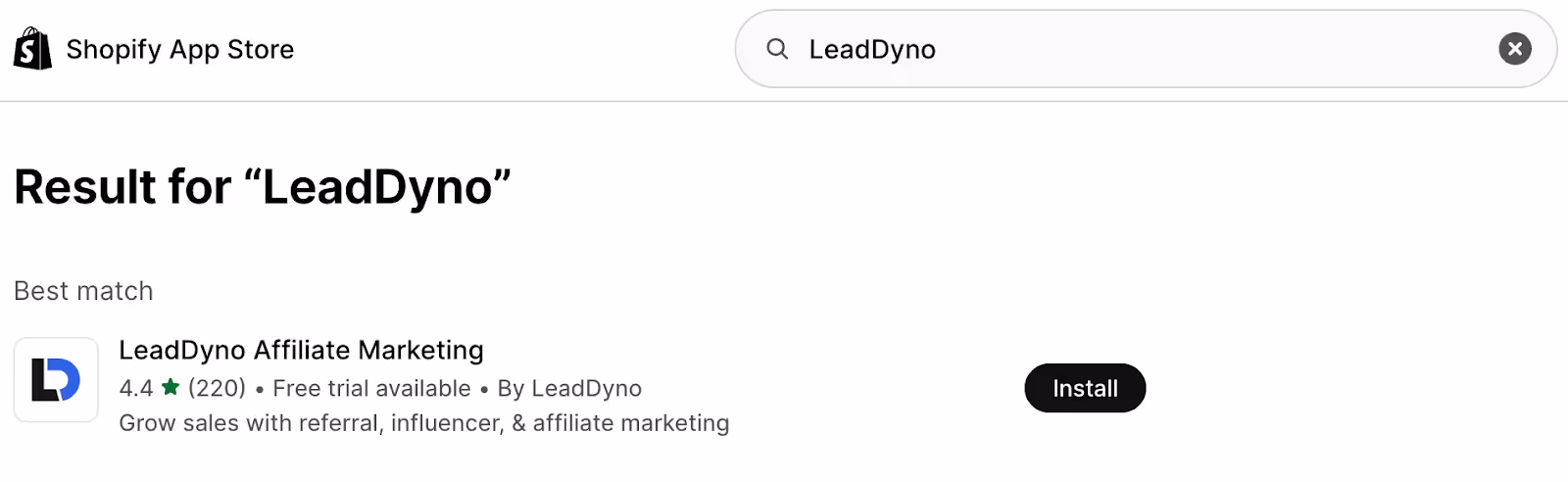 Shopify LeadDyno installation button screenshot