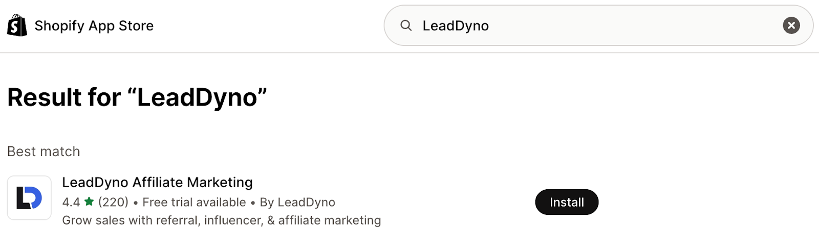 Shopify LeadDyno installation button screenshot