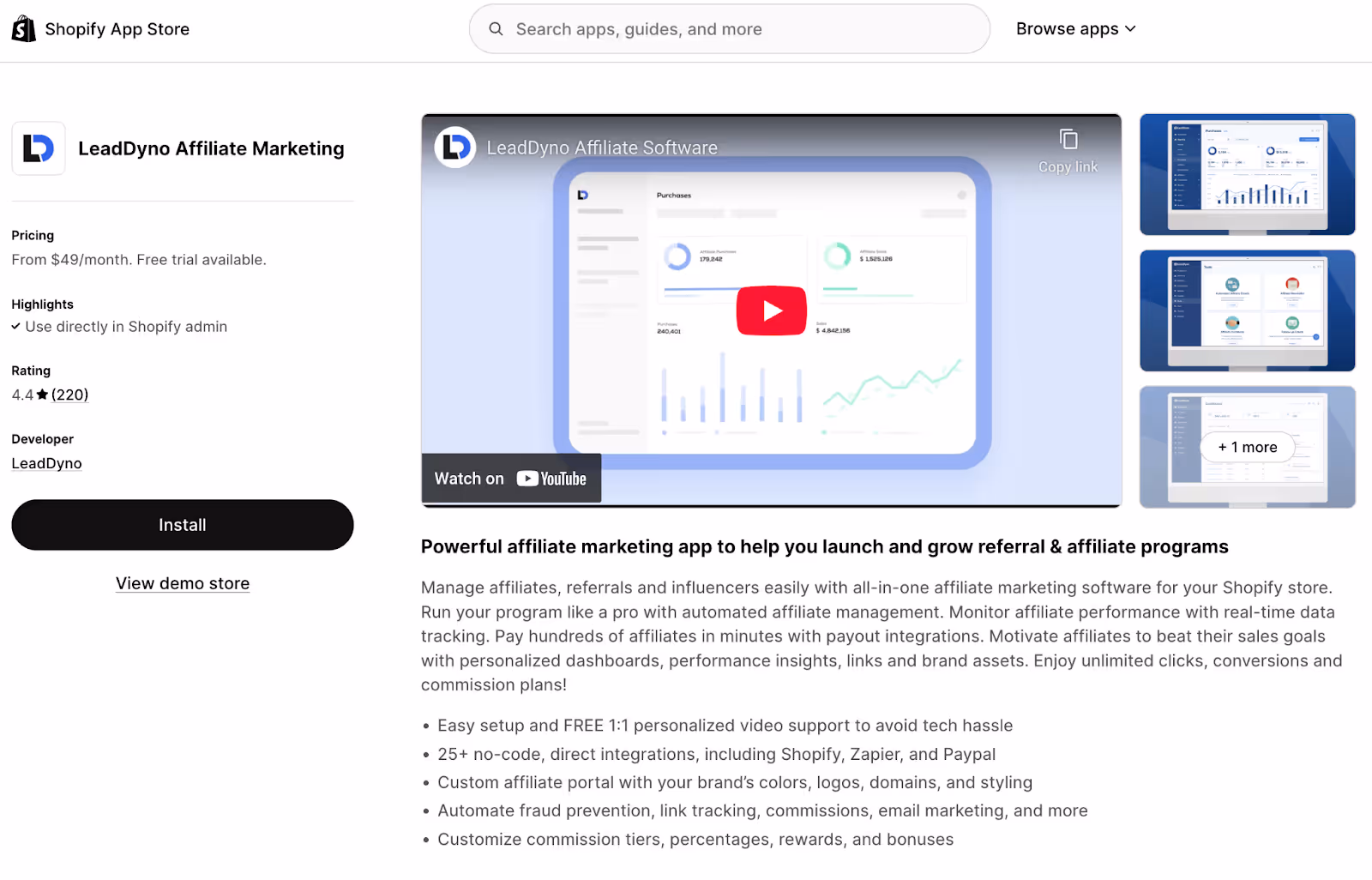 Shopify's LeadDyno integration page