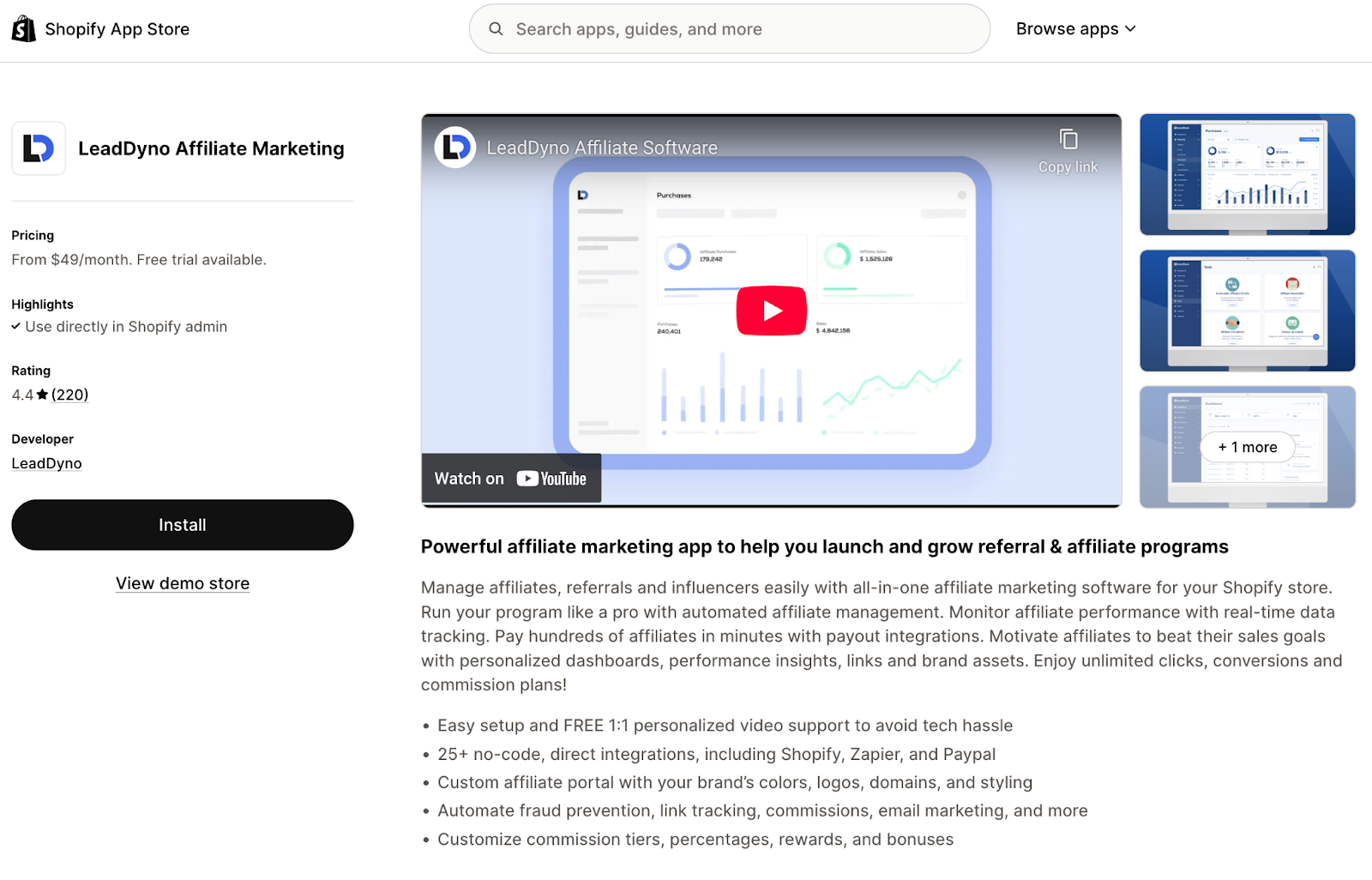 Shopify's LeadDyno integration page