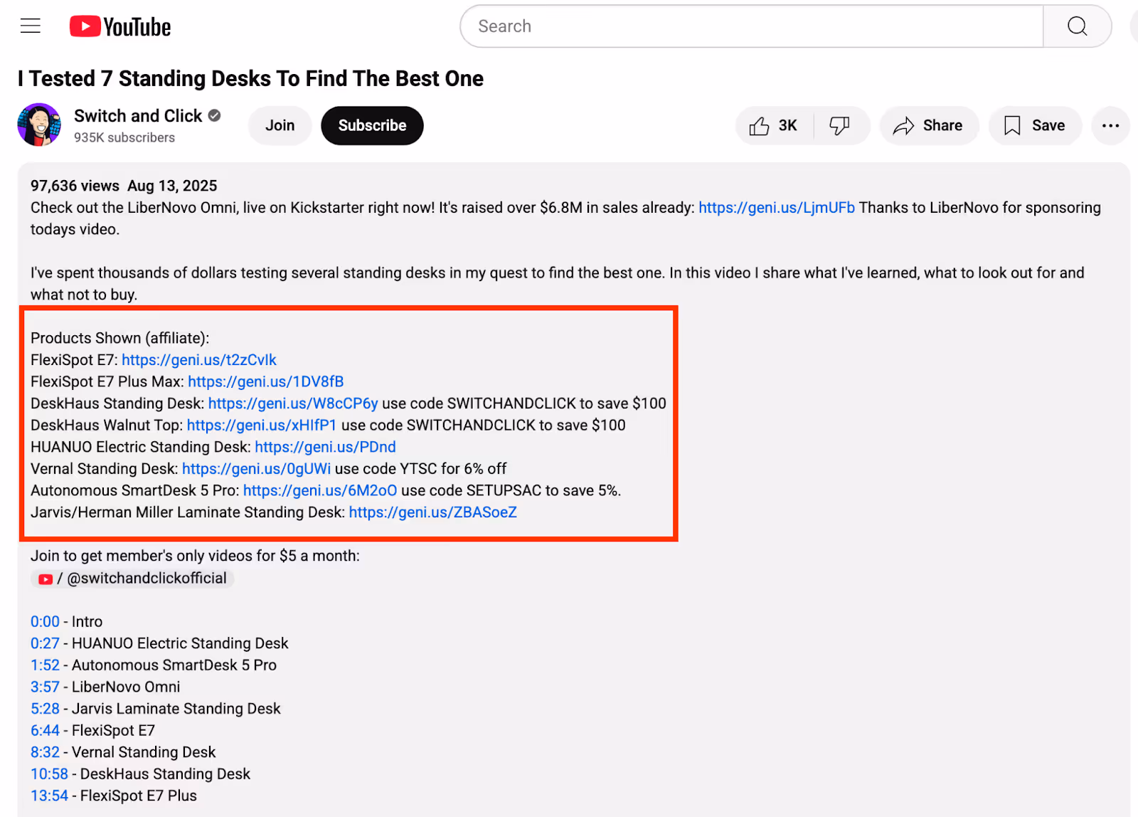 affiliate links listed in a youtube caption