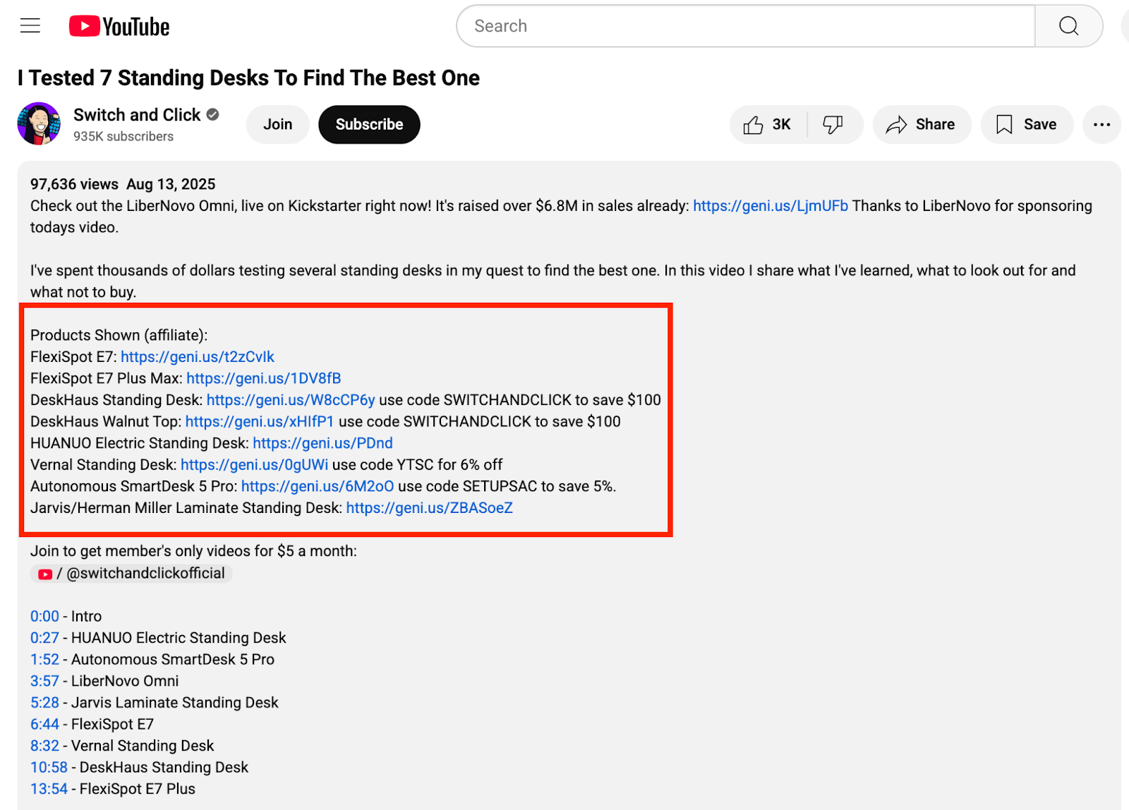 affiliate links listed in a youtube caption