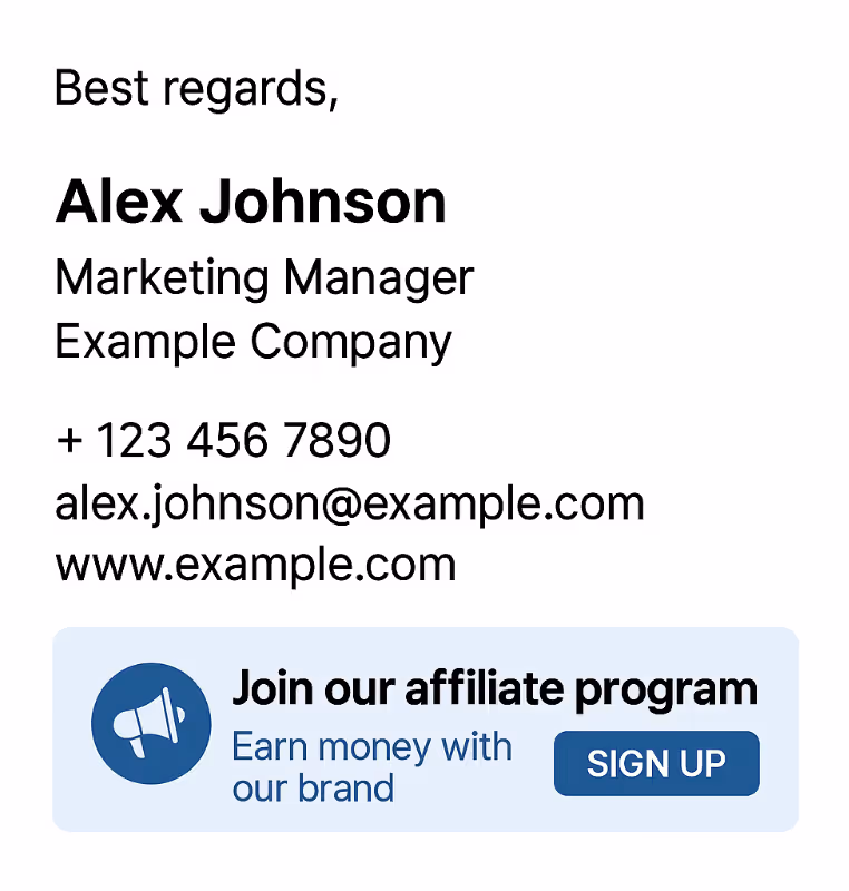 Sample email signature with mini affiliate program banner