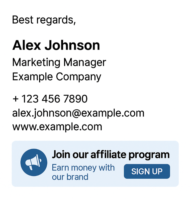 Sample email signature with mini affiliate program banner