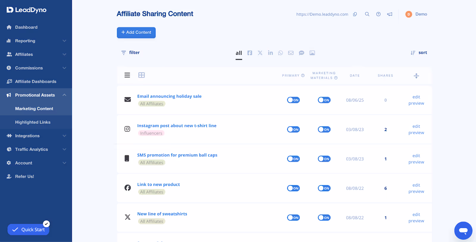 Affiliate sharing content page inside leaddyno