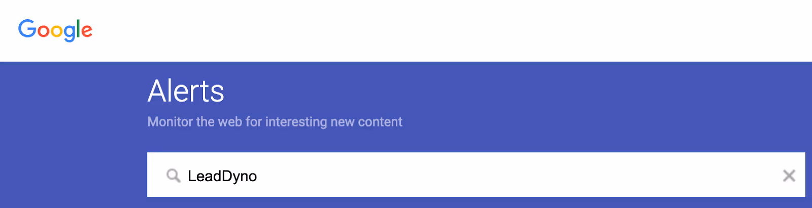 Screenshot of Google alerts with LeadDyno typed in the box
