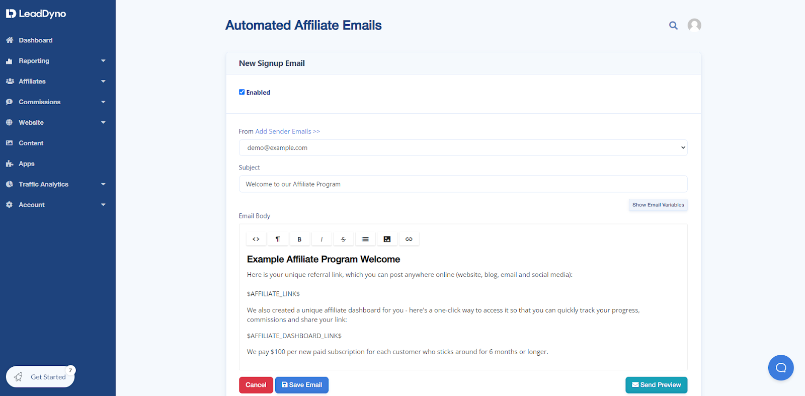 Automated affiliate emails page inside LeadDyno dashboard