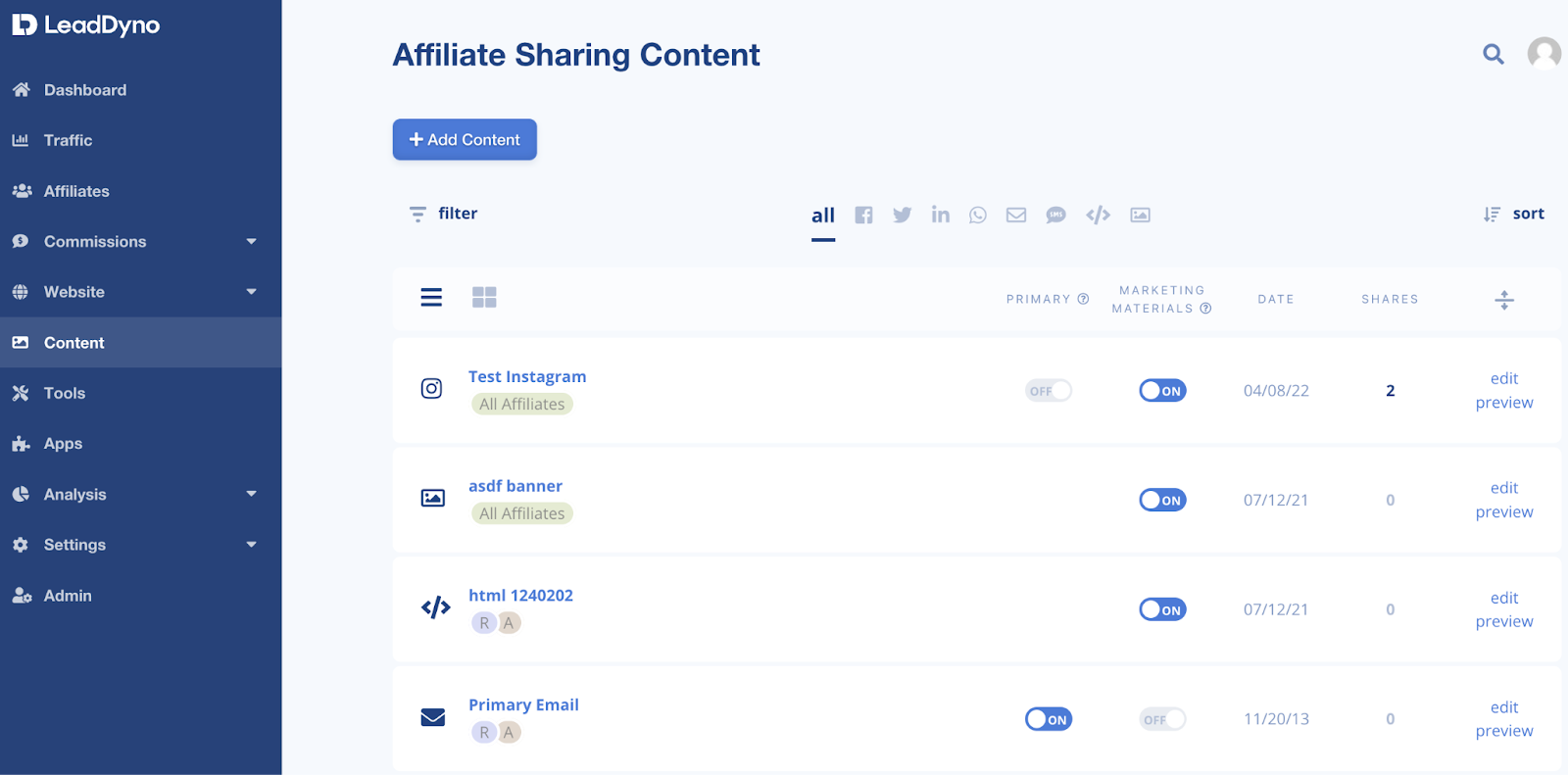 Affiliate sharing content page inside LeadDyno dashboard
