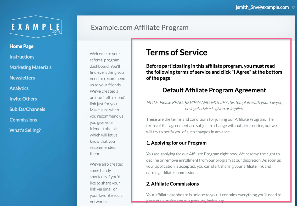 Affiliate program terms of service agreement