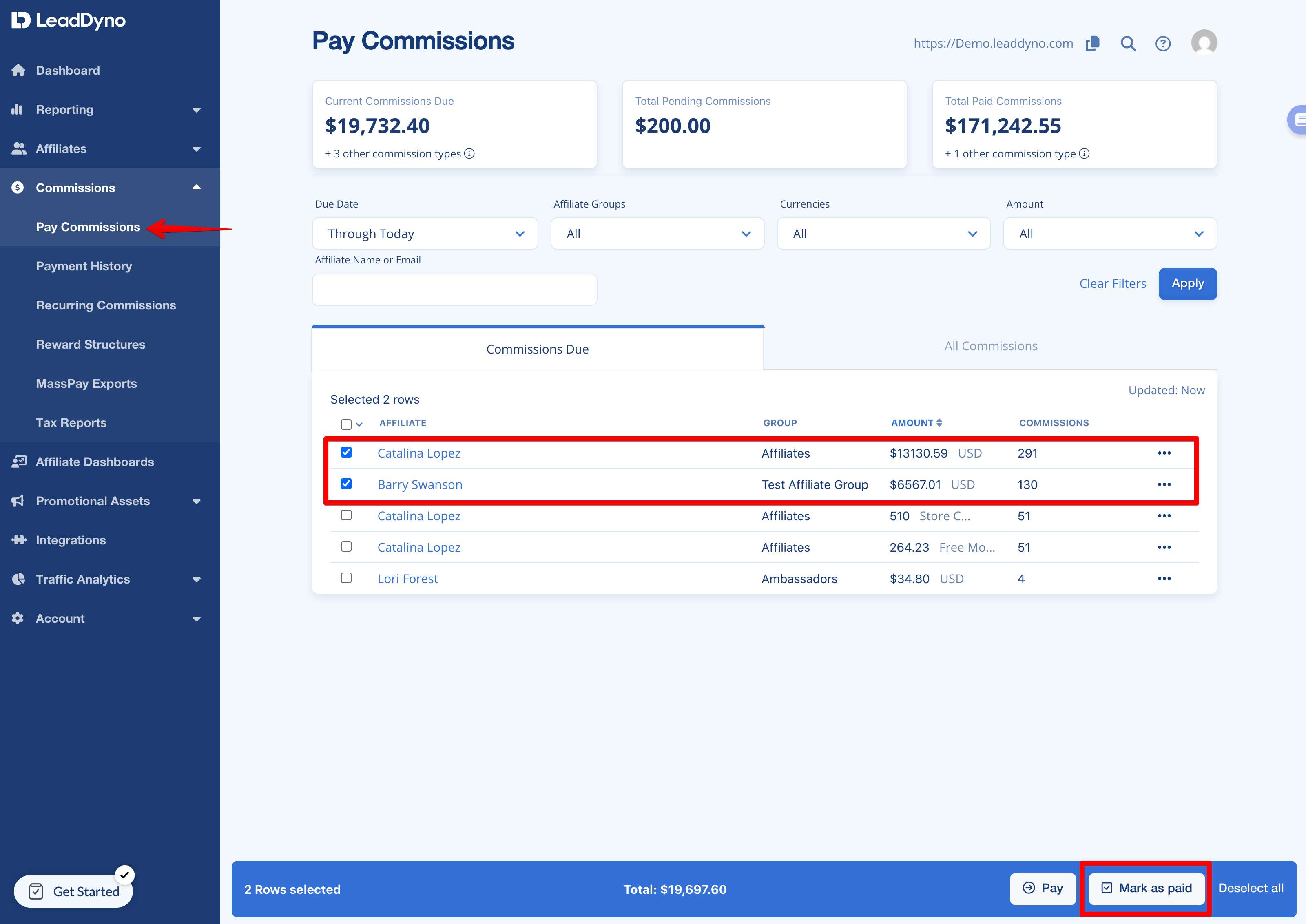 LeadDyno Pay Comissions screen - show list of commissions