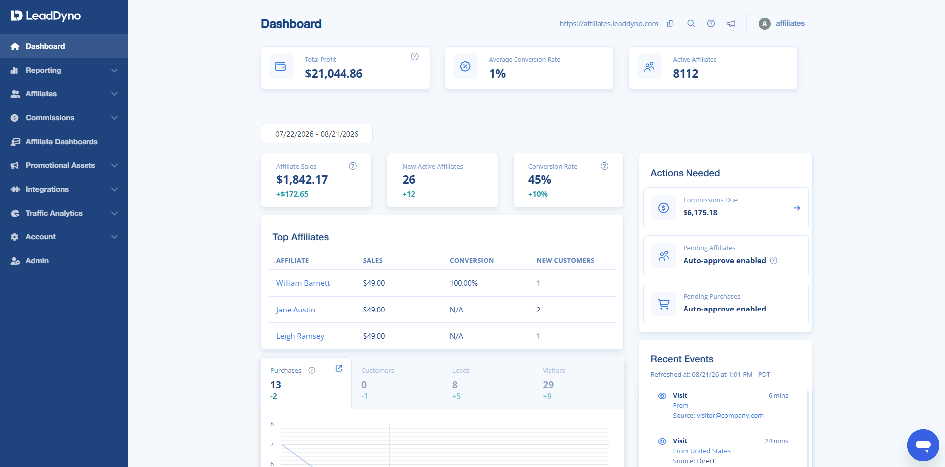 LeadDyno affiliate tracking dashboard showing program performance and affiliate sales