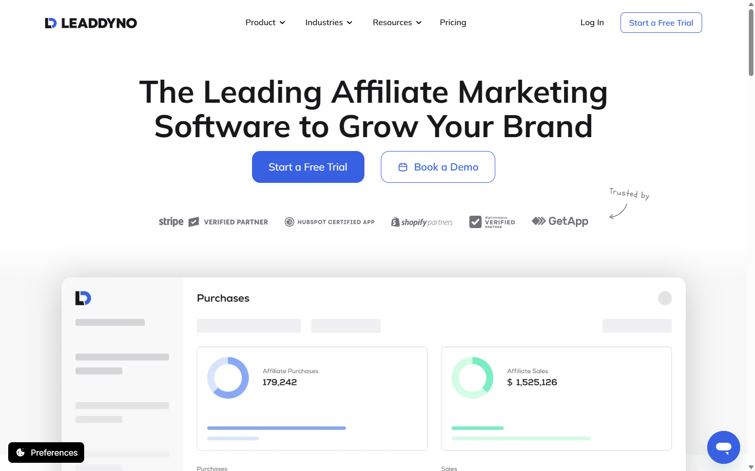 LeadDyno homepage showing its affiliate marketing software dashboard and the headline ‘The Leading Affiliate Marketing Software to Grow Your Brand.’