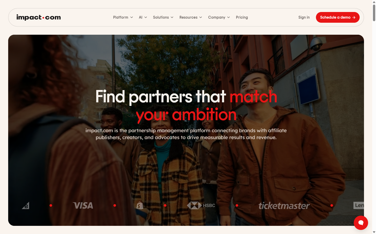 impact.com homepage showing a group of people behind the headline ‘Find partners that match your ambition.’