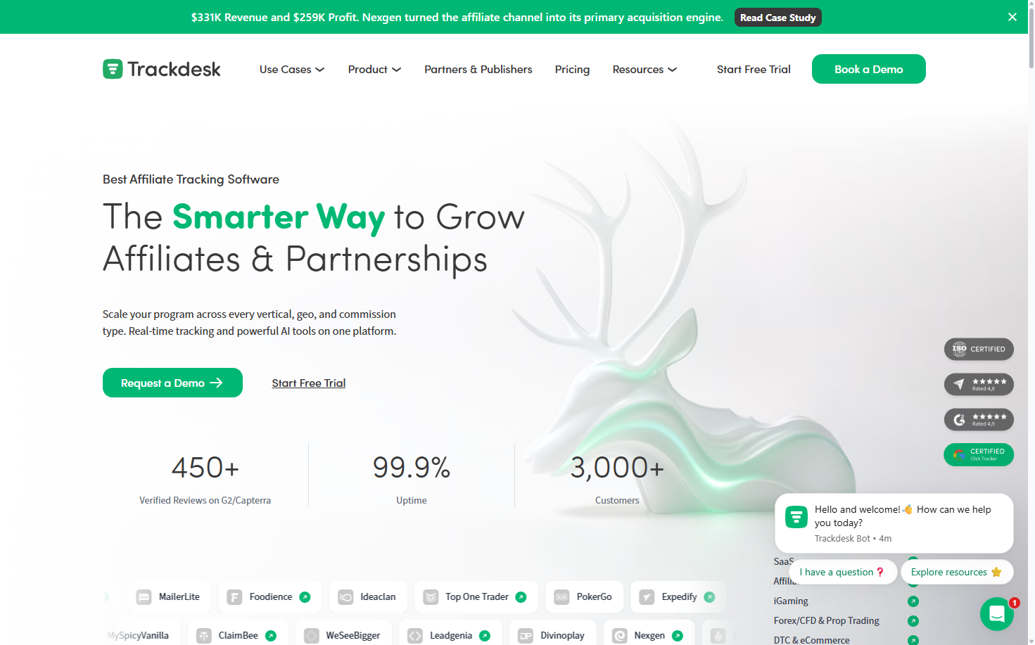 Trackdesk homepage with a partner growth headline, platform metrics, and a product illustration.