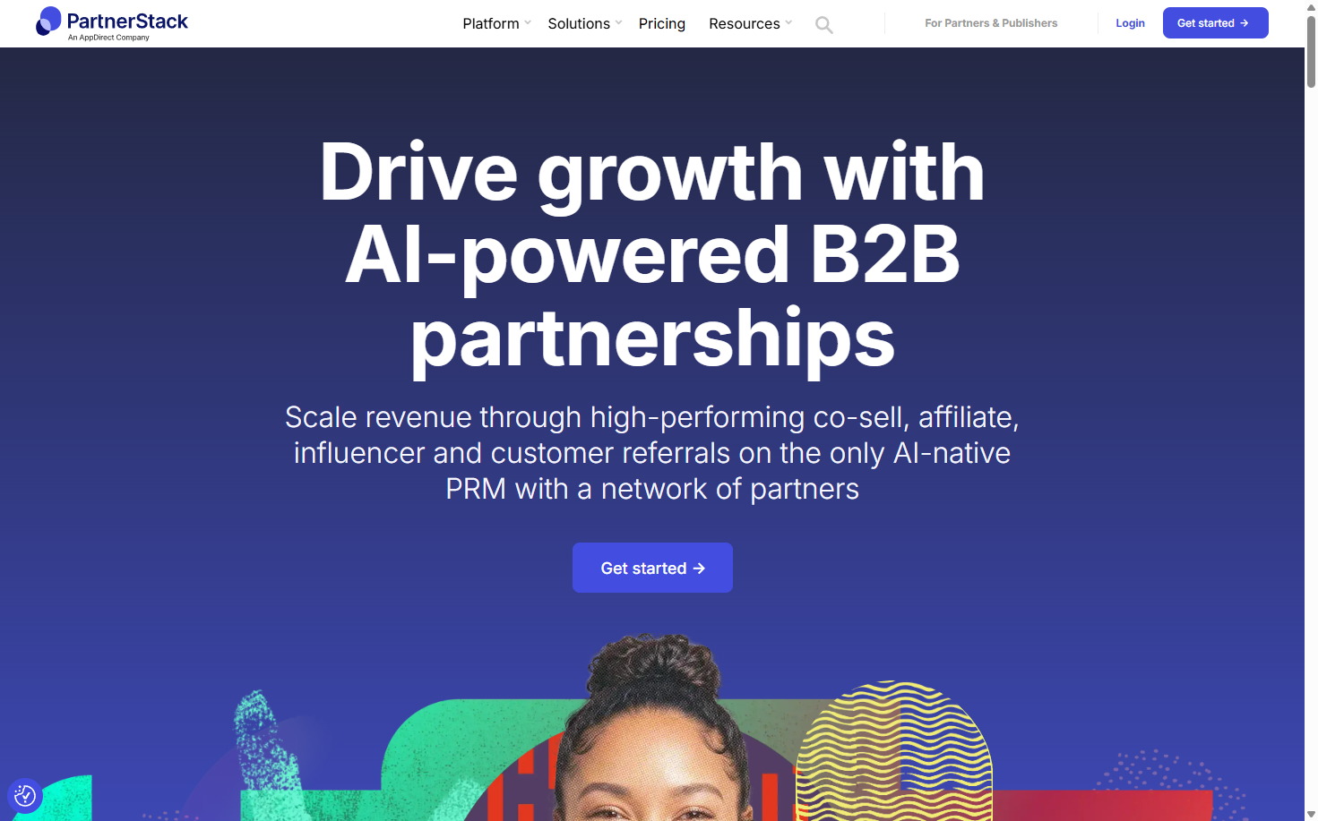 PartnerStack homepage promoting AI-powered B2B partnerships, with a get started button and colorful people-focused artwork.