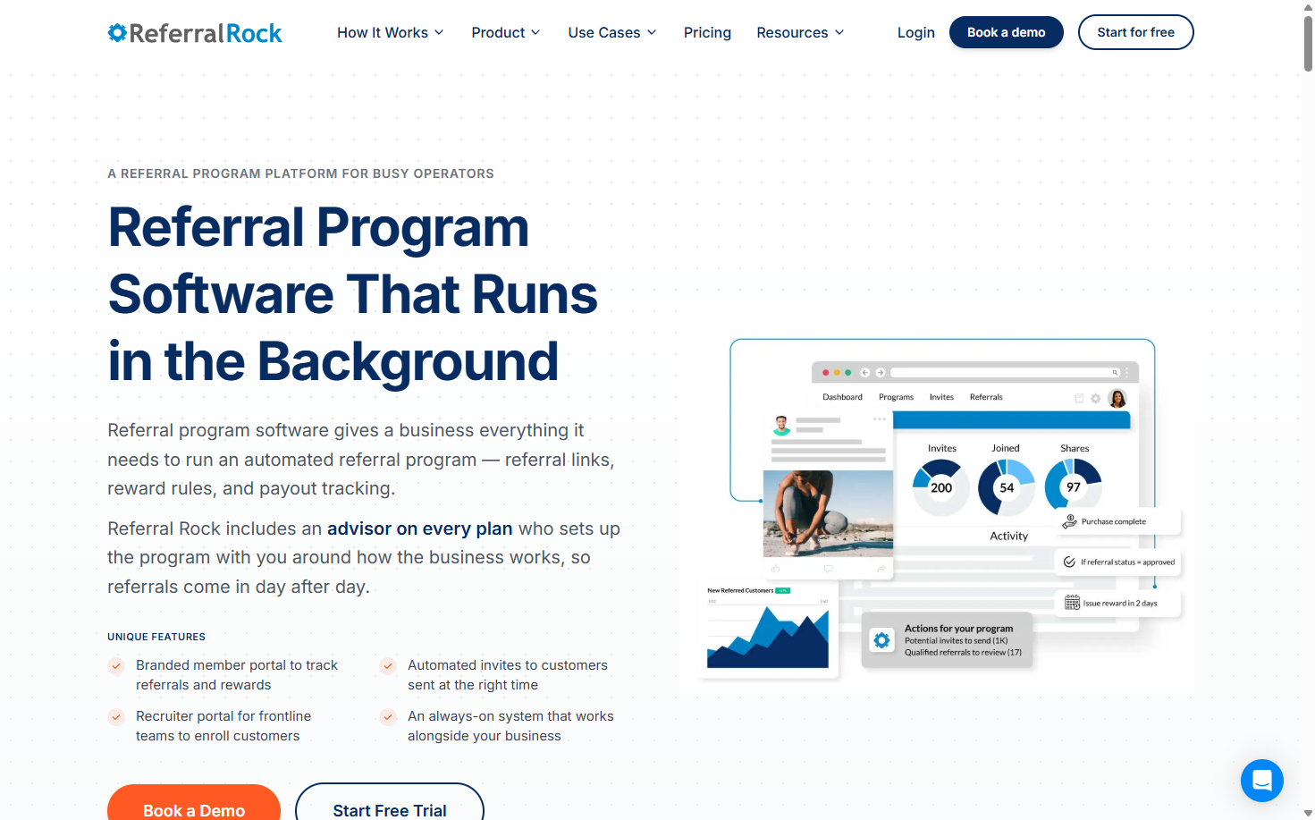 Referral Rock homepage describing the tool, alongside a dashboard illustration with referral and activity metrics.
