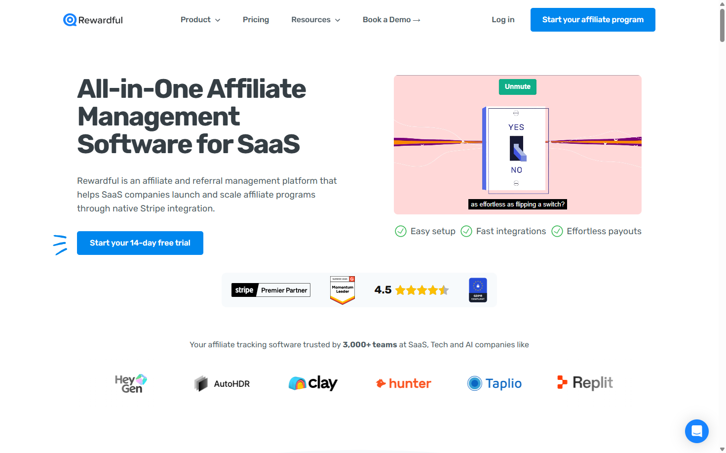 Rewardful homepage promoting the tool, with a free trial button and an animated product illustration.