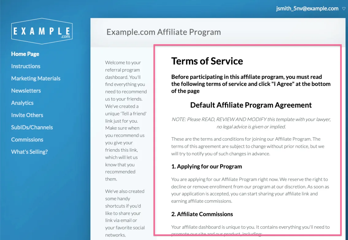 Affiliate program terms of service agreement