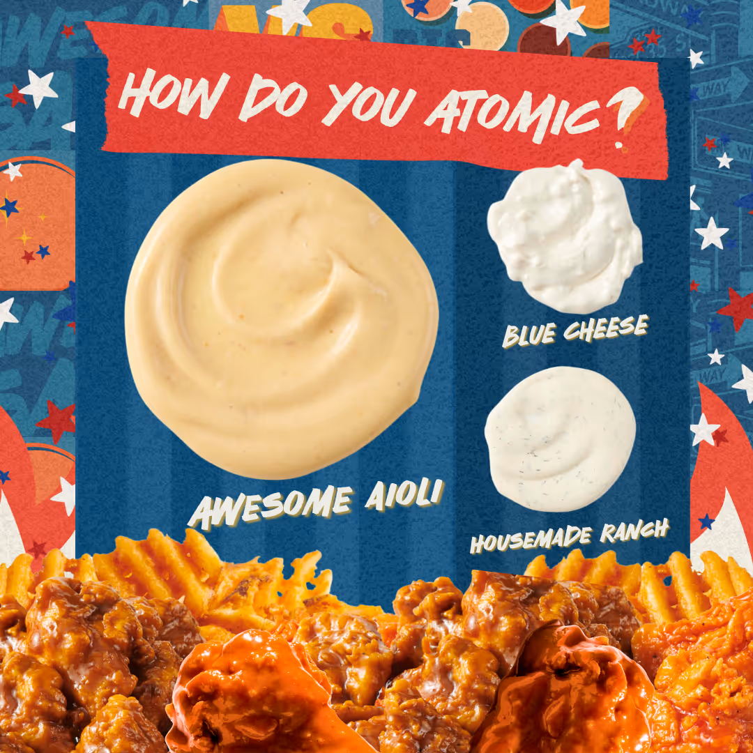 house made dipping sauces for wings, ranch, bleu cheese, awesome aioli. 