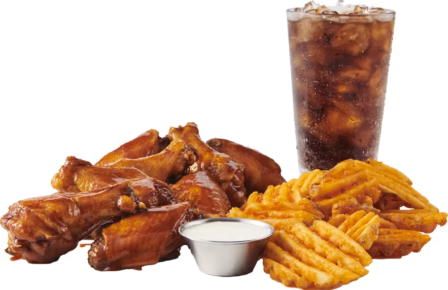 chicken wings, fries, sauce and a drink from atomic wings