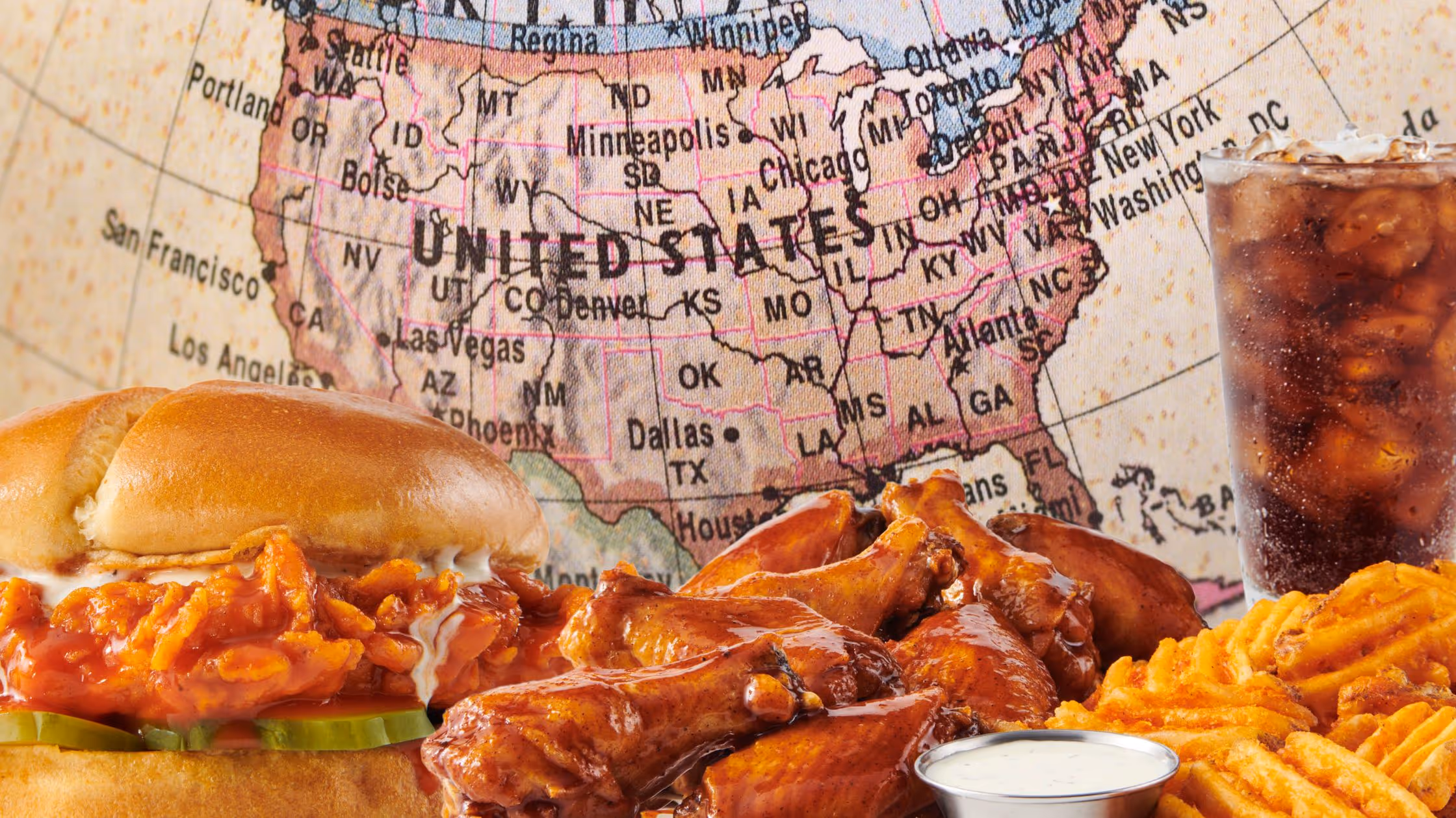Image of Atomic Wings chicken wings, fries, and sandwich in front of a U.S. map