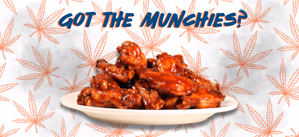 Plate of Atomic Wings traditional wings with a 420-themed background