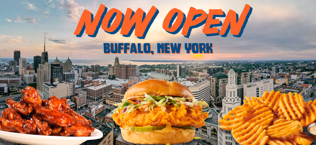 The city of Buffalo, New York with Atomic Wings menu items displayed in the foreground.