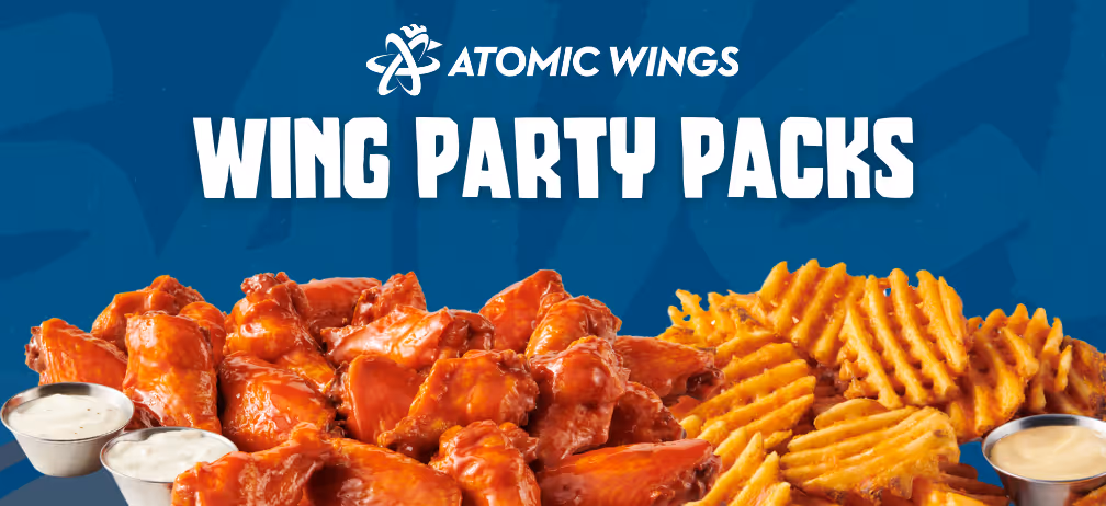 Graphic showing traditional wings and waffle fries from an Atomic Wings Party Pack