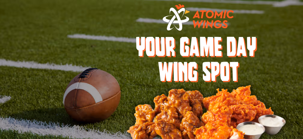 chicken wings on a football field from Atomic Wings restaurant