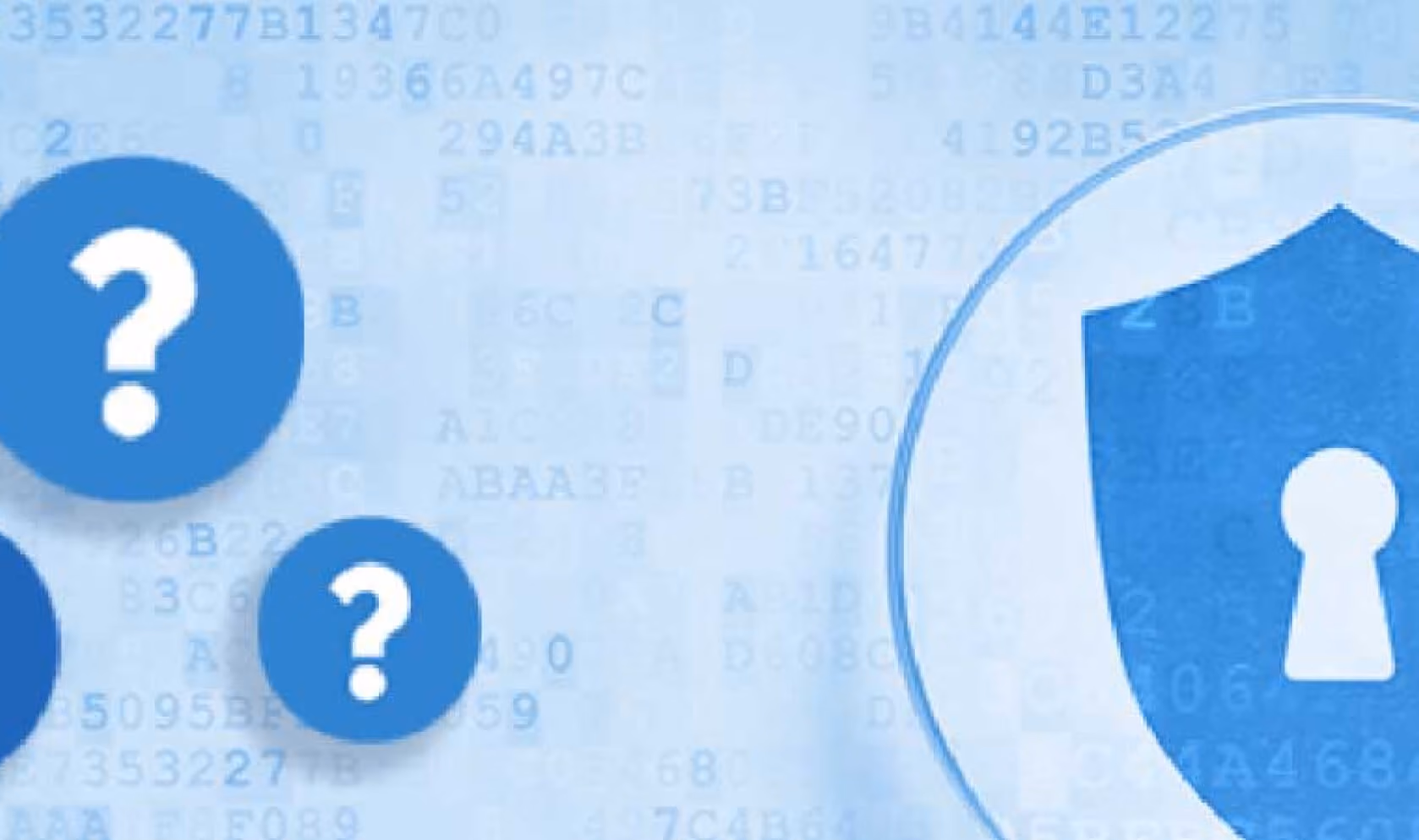 illustration with question marks icons and a key lock icon