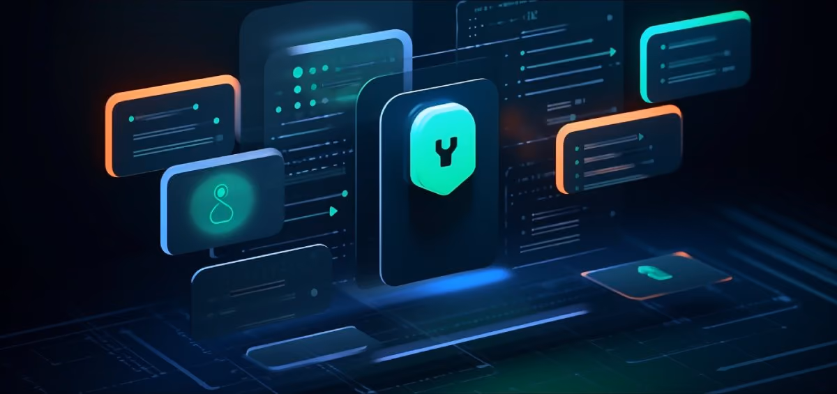 3D graphic of cybersecurity icons and shields over a digital background.