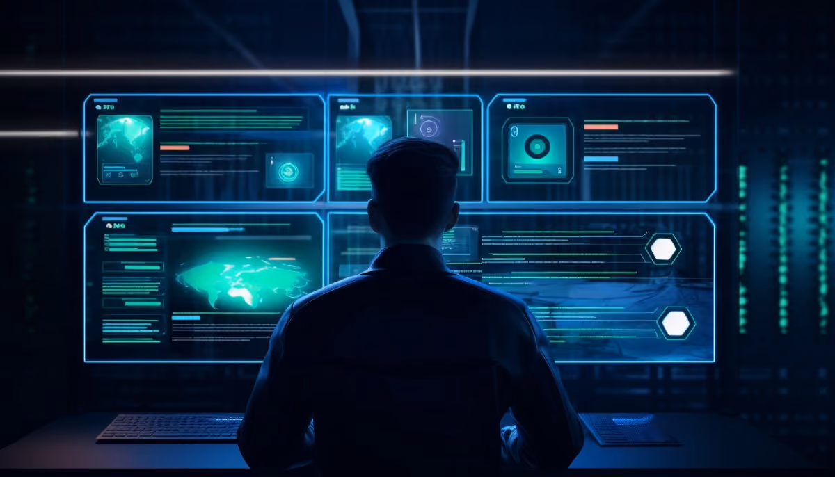 A person monitoring advanced AI cybersecurity threats on holographic screens.