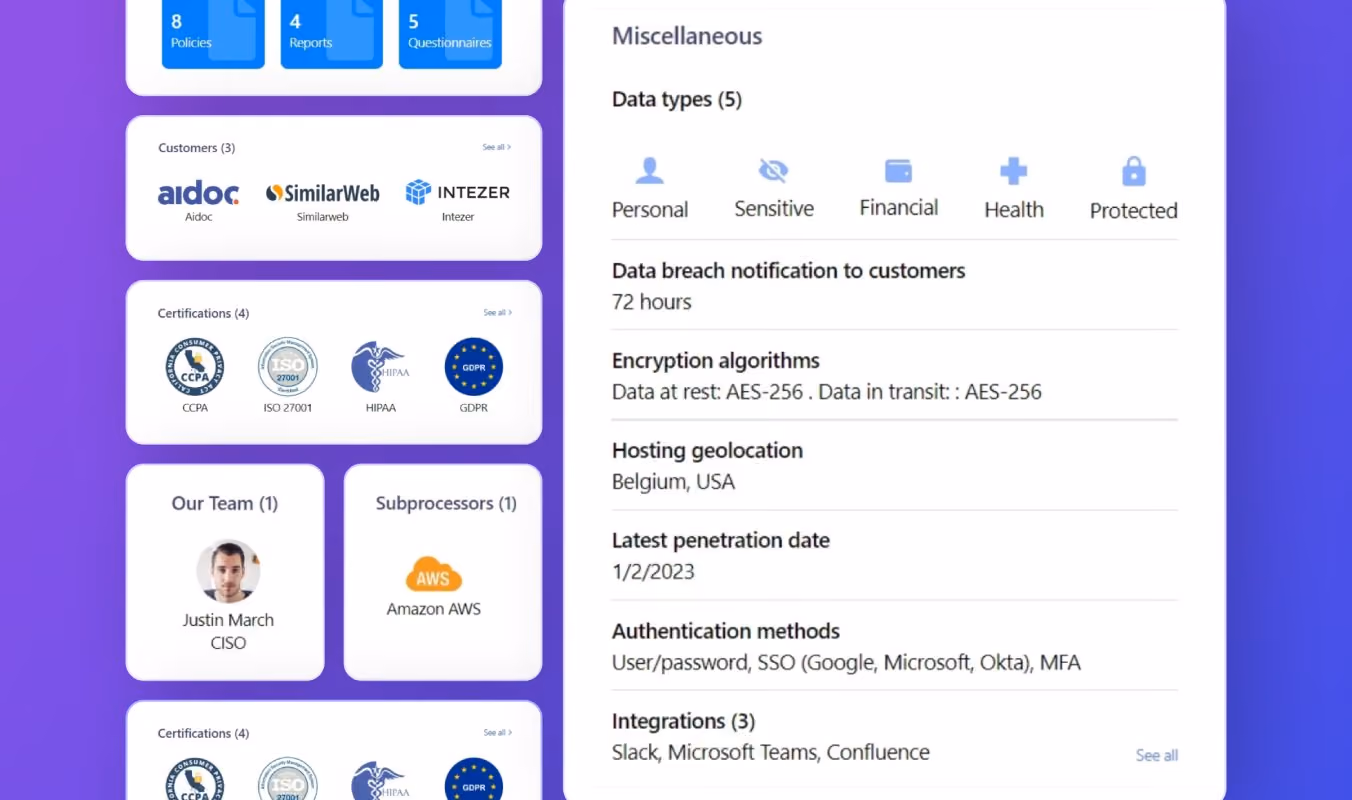 Screenshot of Vendict’s new Trust Center showcasing real-time compliance 
