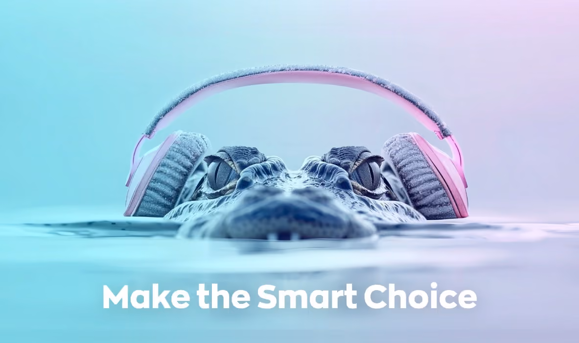 Crocodile wearing pink headphones underwater