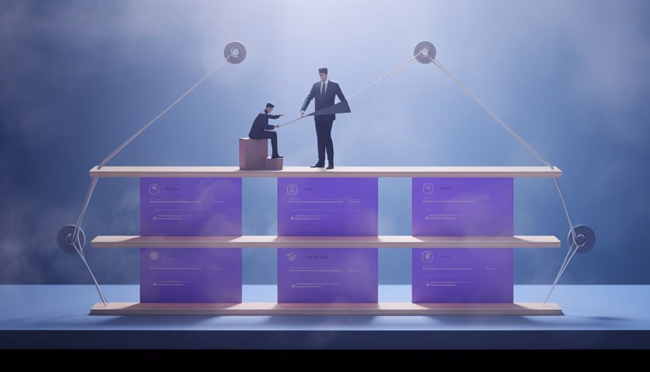 An image of a modern office space, with a vendor risk assessment displayed on the table and screen.
