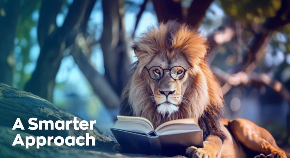 Lion wearing glasses reading a book