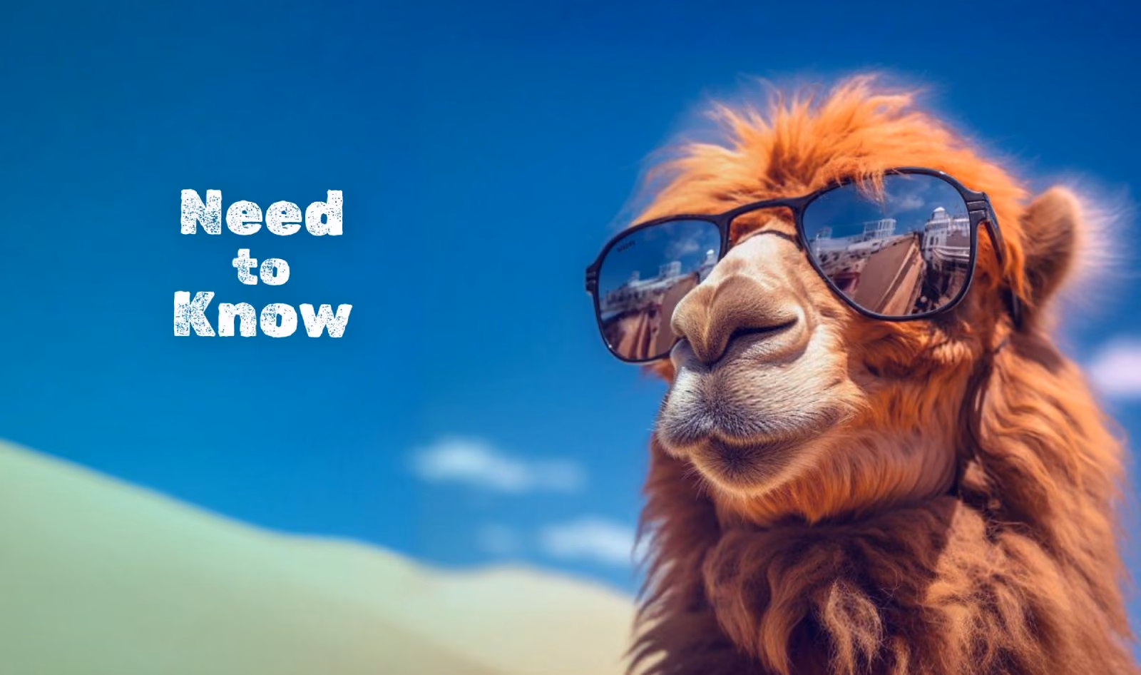 Cool camel wearing sunglasses in desert