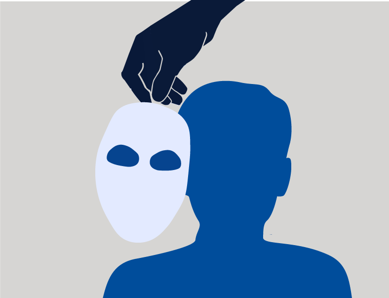 Illustratie van een hand die een masker van een persoon afpakt