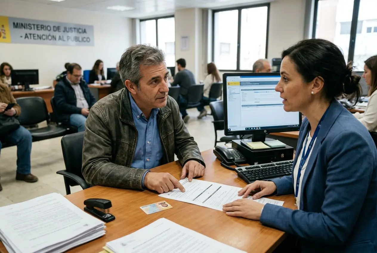 Oficial hablando con un ciudadano en una oficina, revisando documentos sobre la cancelación de antecedentes penales en España.