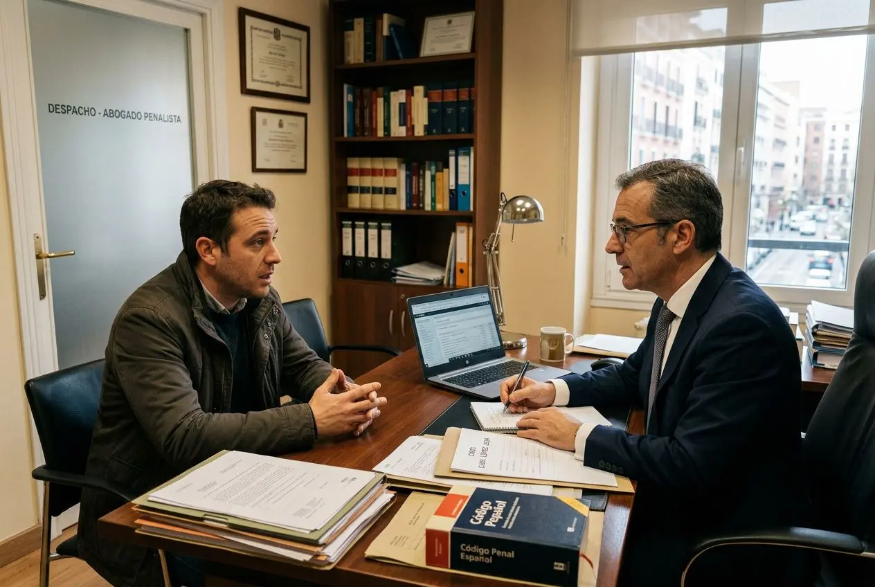 Abogado y cliente en una oficina, revisando documentos sobre cancelar antecedentes penales España, pasos a seguir.