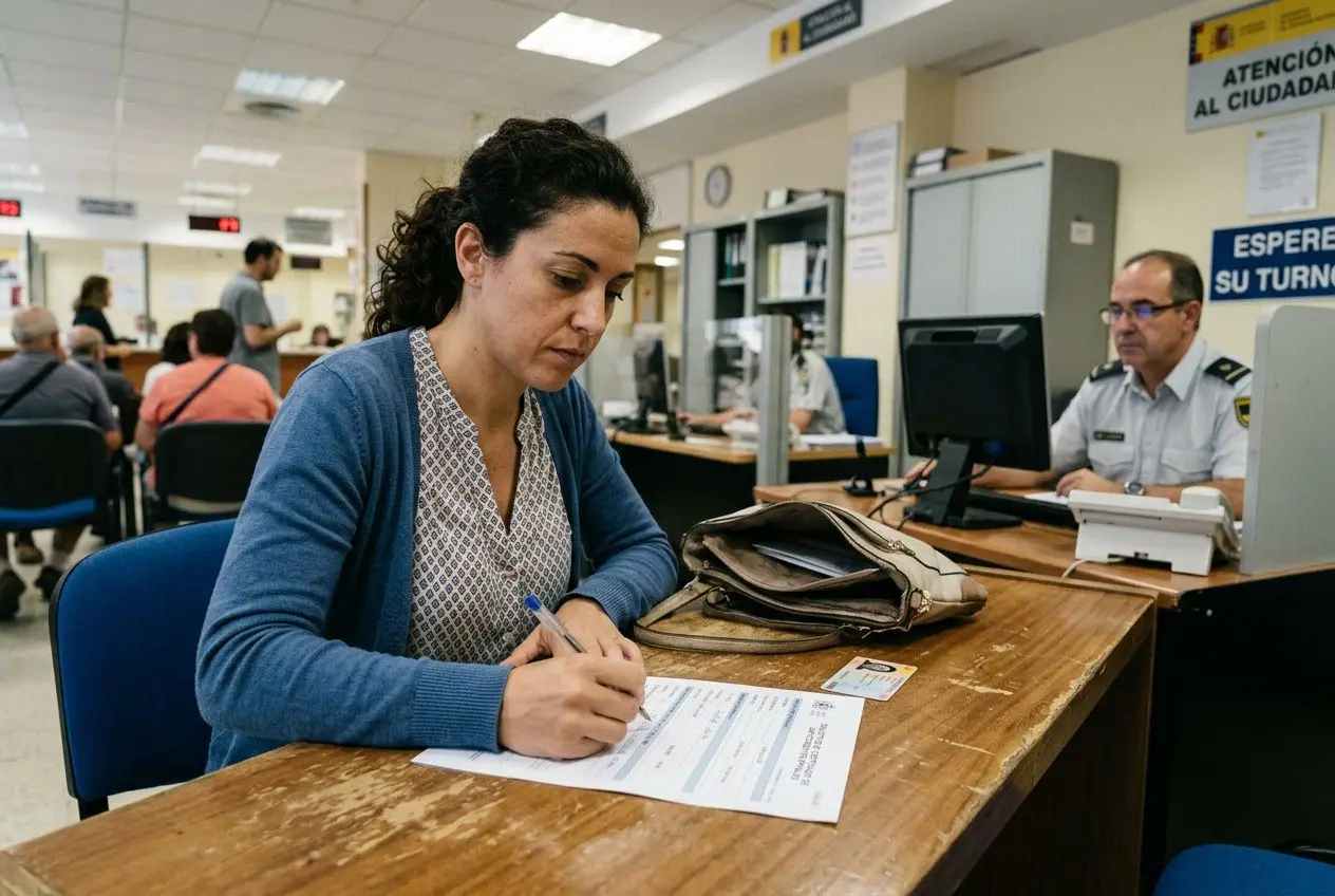 Persona rellenando un formulario en una oficina pública; atención al cliente al fondo. Texto: cancelar antecedentes penales españa pasos a seguir se sugiere en la escena.