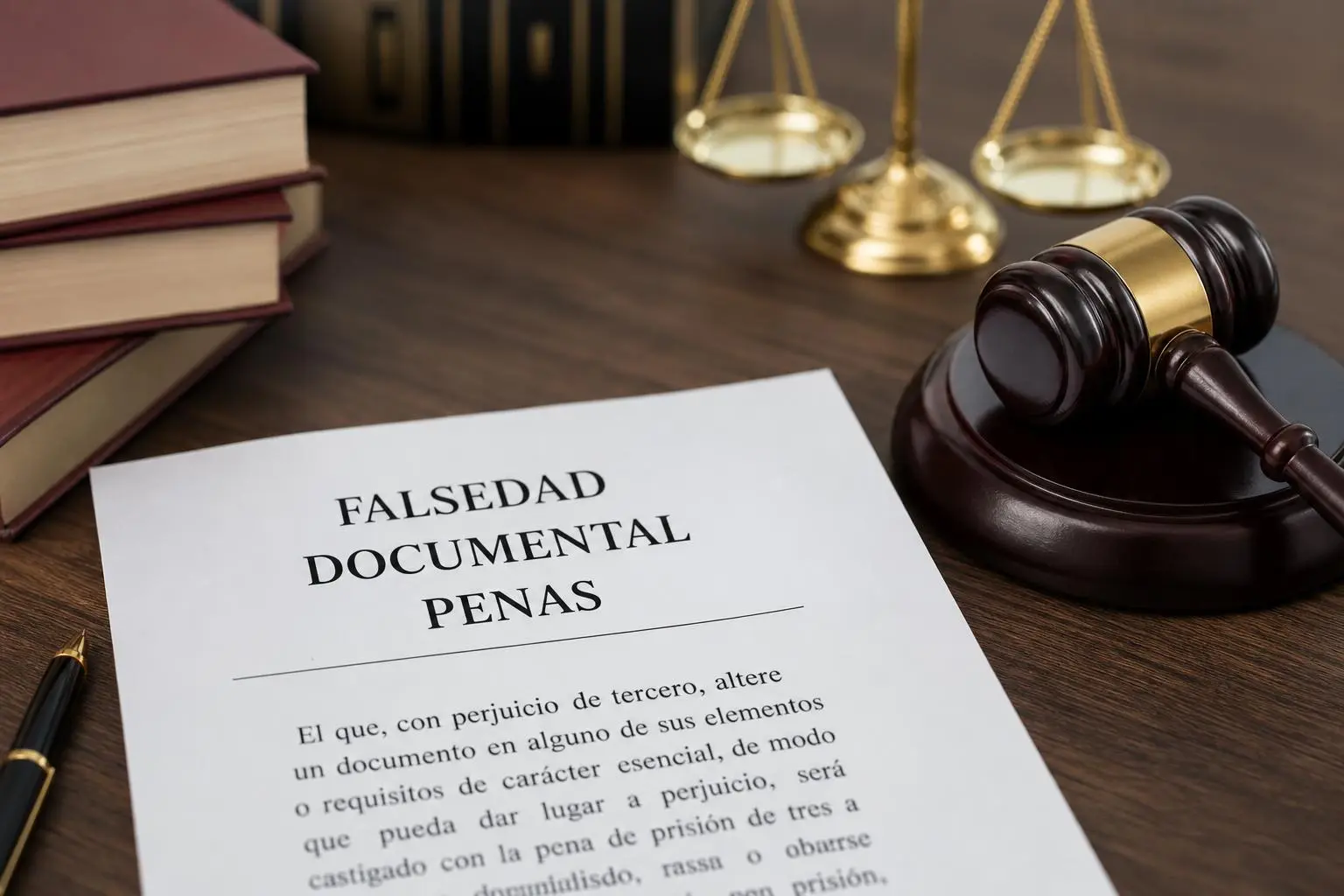 Documento sobre falsedad documental y penas, con mazo y balanzas de fondo, relacionado con el delito en el código penal.