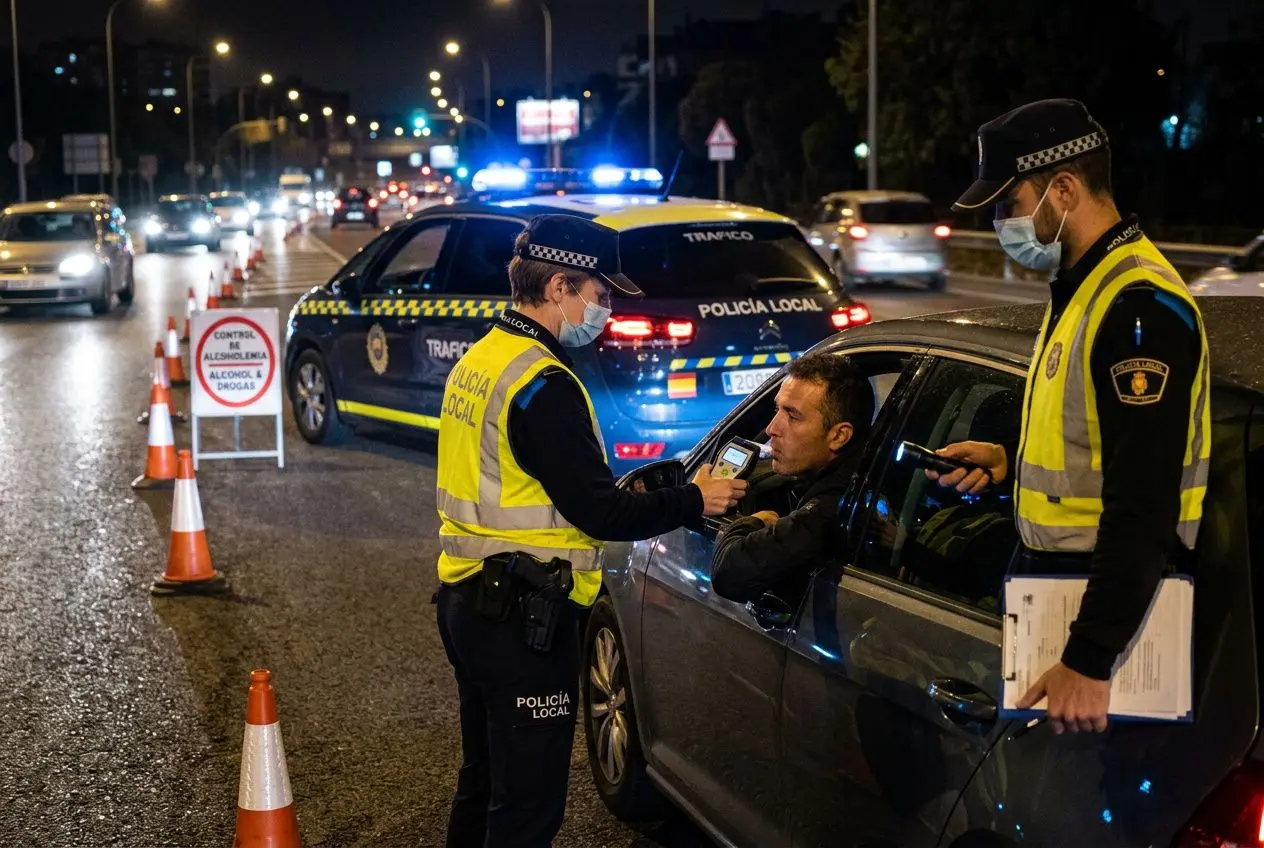 Control policial de alcoholemia realizando pruebas a un conductor detenido en la carretera nocturna.
