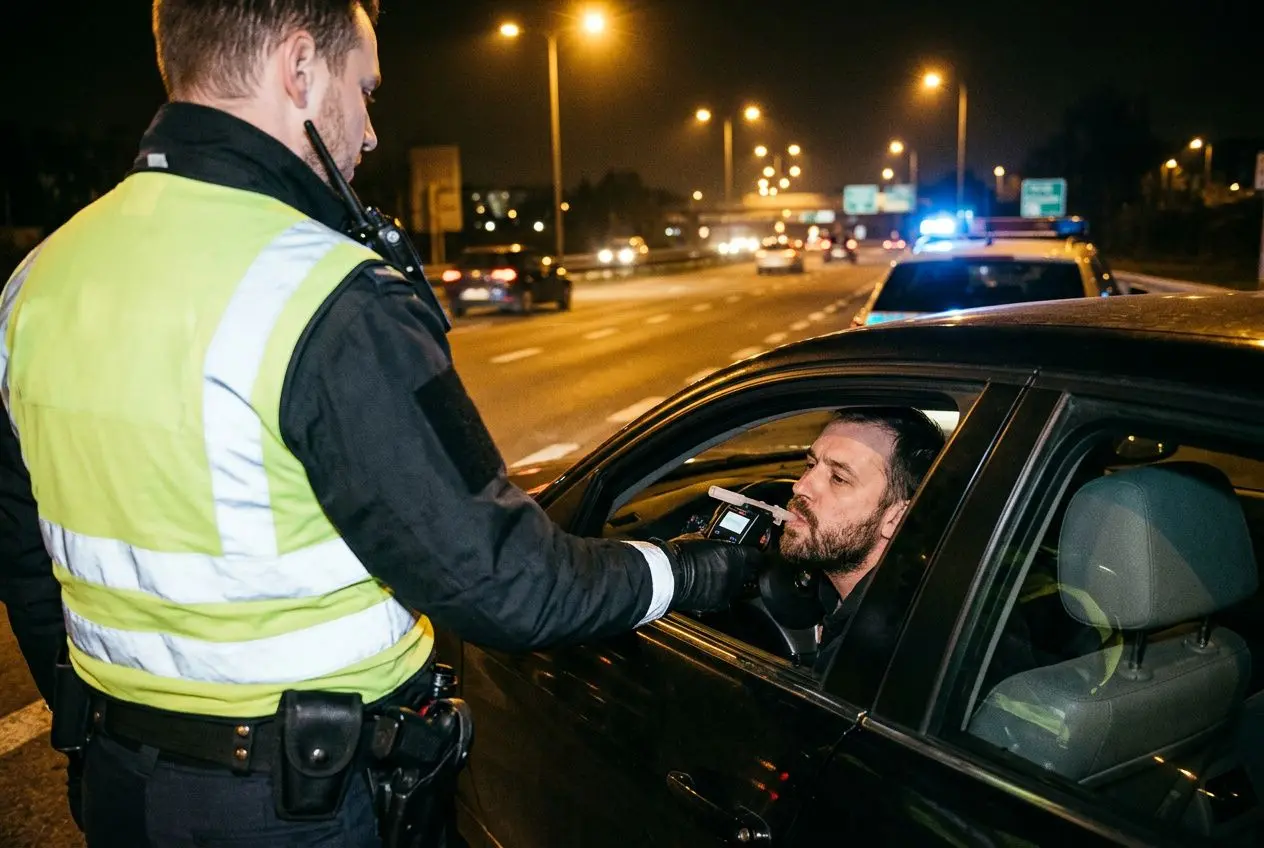 Guardia de tráfico pidiendo al conductor una prueba de alcoholemia en una carretera nocturna.