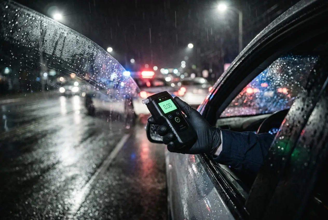 Control de alcoholemia en carretera nocturna: medidor digital muestra 0.00 tras detenerse un vehículo; lluvia y luces de emergencia al fondo. negativa a someterse a prueba de alcoholemia sanción.
