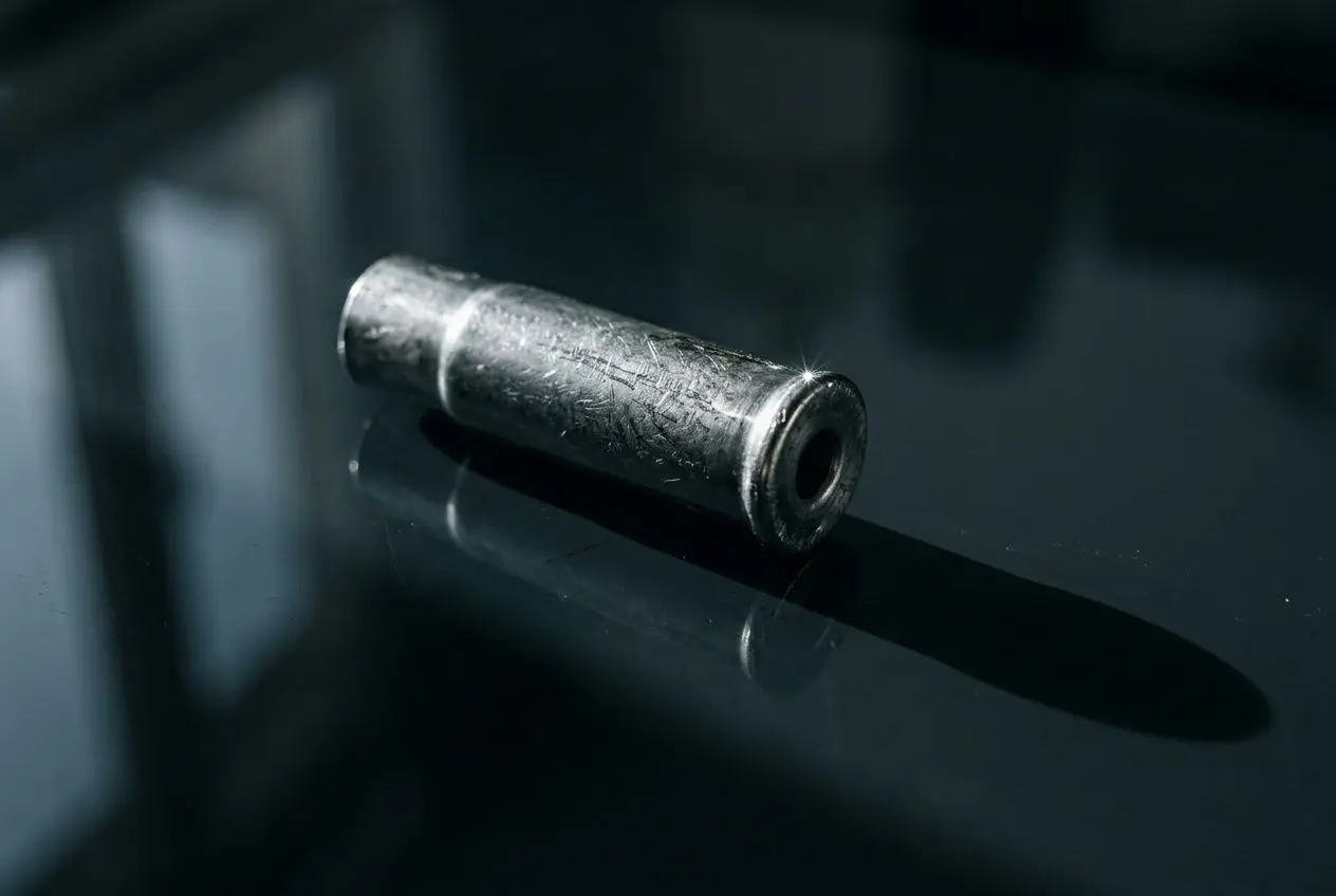 Tubo detonado de acero en primer plano sobre superficie oscura, sombra alargada y reflejo suave. negative a la prueba de alcoholemia sanción.