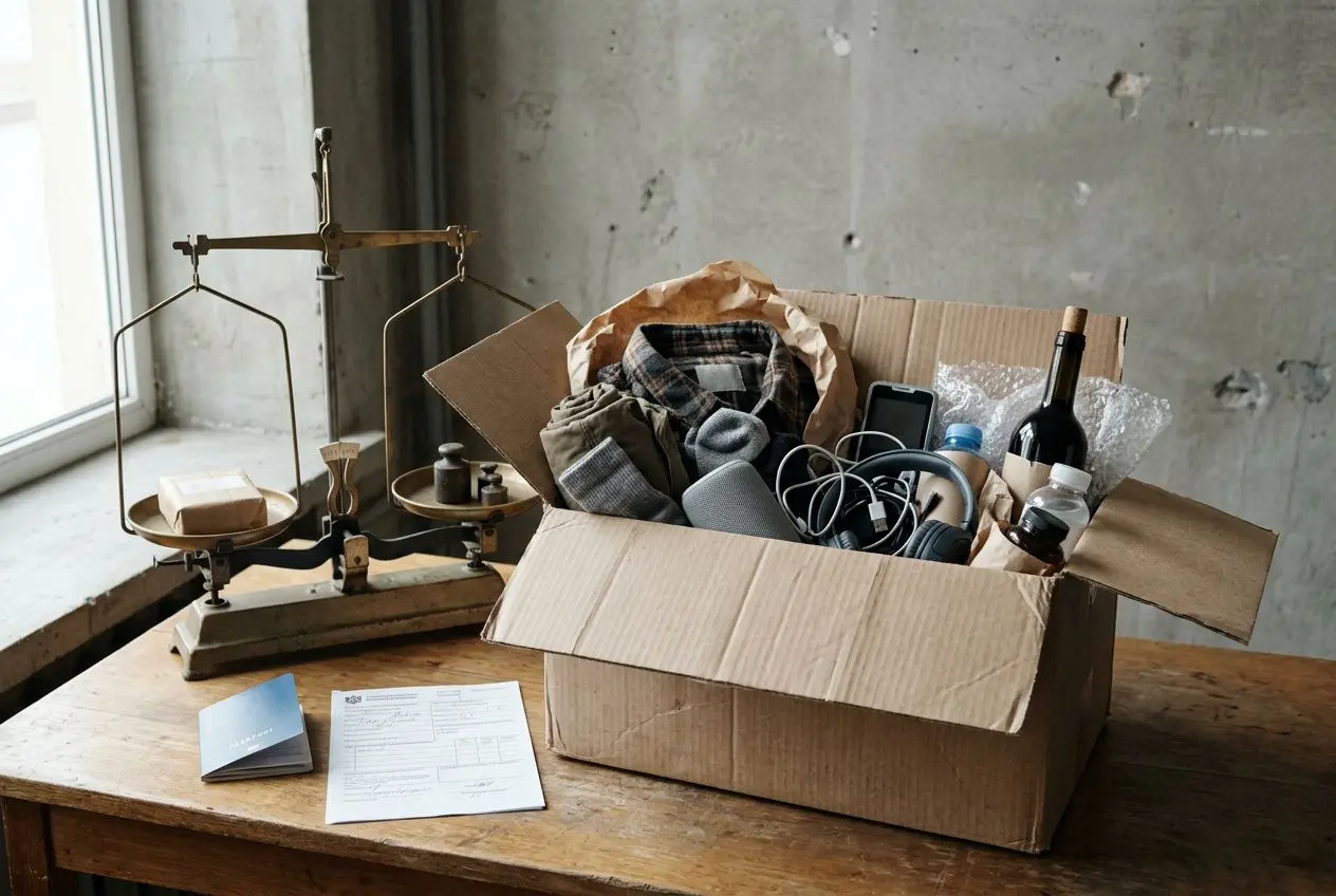 Caja abierta con objetos varios y ropa, junto a una balanza antigua sobre una mesa; fondo de pared desnuda. Delito de contrabando usado como tema.